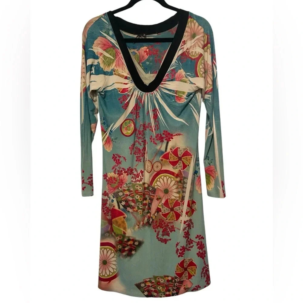 Mushka Sienna Rose Dress Womens XL Colorful Abstract Scoop Neck Long Sleeve USA